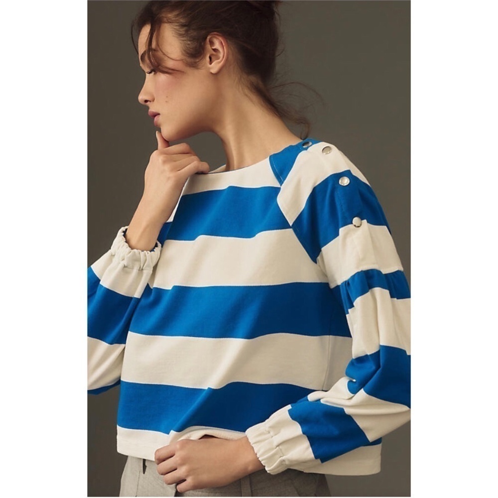 ANTHROPOLOGIE MAEVE Nautical Coastal French Terry Striped Sweatshirt Size XS
